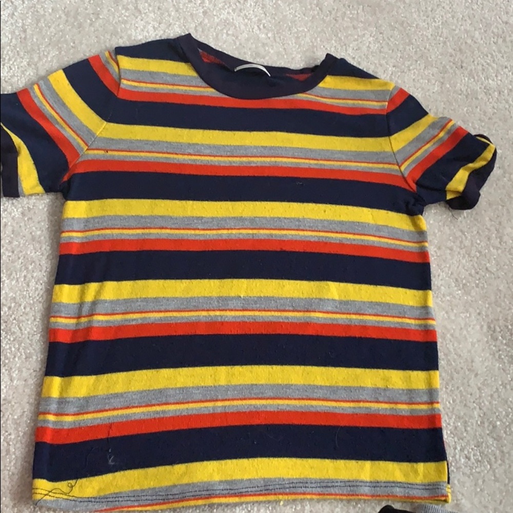 Blue, orange, grey, and yellow sweater top